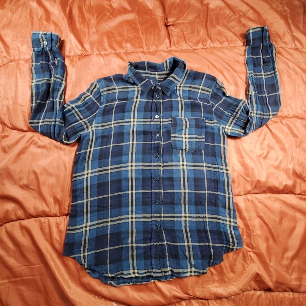 Free People Women's Blue Plaid Long Sleeve Button Down Top Size‎ Small FP
